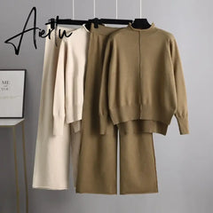 Aiertu Winter Female Knitted Two Pieces Suits Solid Sweater Top+ Wide Leg Long Pants Sets Women Loose Warm Sweater Suits Aiertu