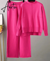 Aiertu Winter Female Knitted Two Pieces Suits Solid Sweater Top+ Wide Leg Long Pants Sets Women Loose Warm Sweater Suits Aiertu