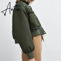 Aiertu Winter Thicken Bomber Jacket Women Zipper Cropped Coat Long Sleeve Oversized Outwear Vintage Puffer Jackets Parkas Aiertu