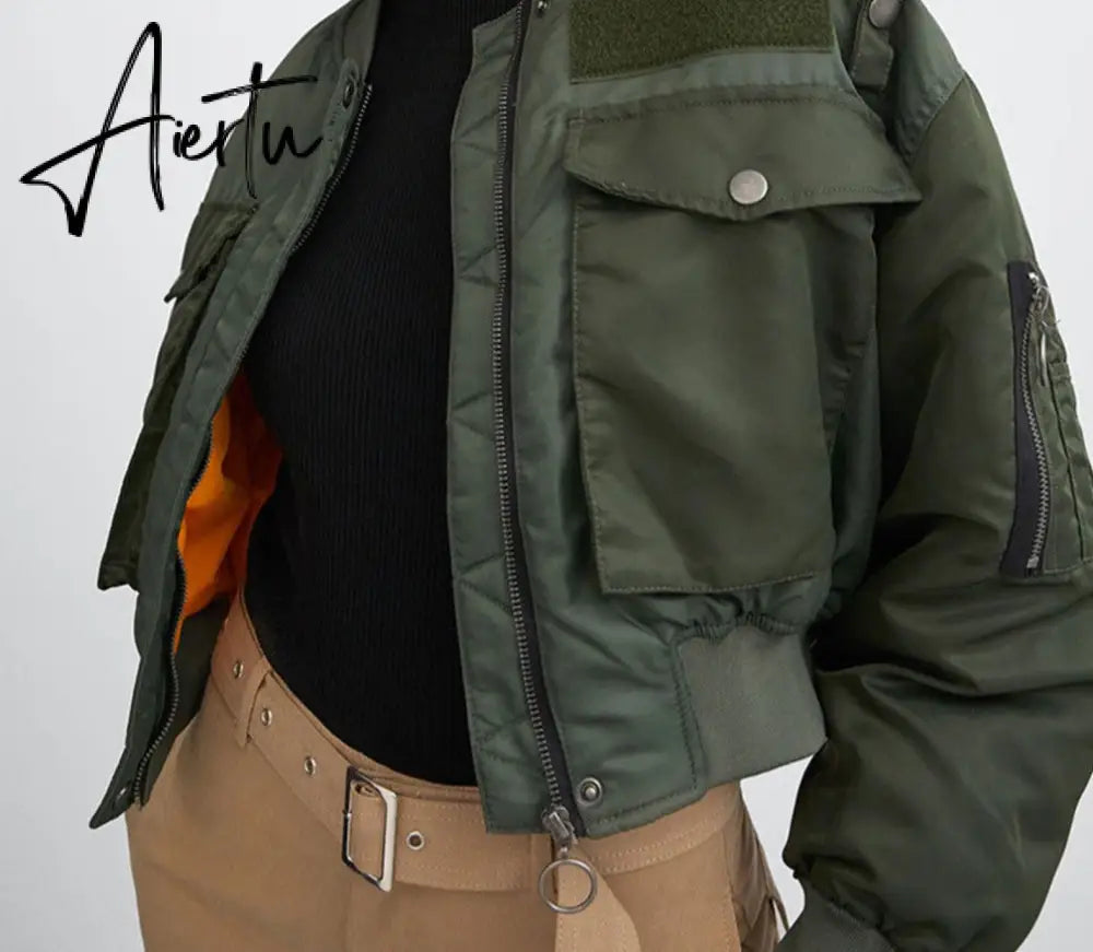 Aiertu Winter Thicken Bomber Jacket Women Zipper Cropped Coat Long Sleeve Oversized Outwear Vintage Puffer Jackets Parkas Aiertu