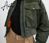 Aiertu Winter Thicken Bomber Jacket Women Zipper Cropped Coat Long Sleeve Oversized Outwear Vintage Puffer Jackets Parkas Aiertu