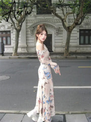 Aiertu Winter Vintage Sexy One Piece Dress Women Off Shoulder Elegant Midi Dress Female Korean Butterfly Print Fashion Party Dress 2024 Aiertu