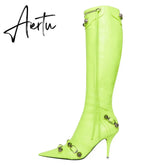 Aiertu Woman Boot Fashion Sexy Pure Color Pointed Toe Stilettos Heels Vintage Metal Buckle Zipper Knee High Boots Slim Tassel Shoes 45 Aiertu