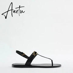Aiertu Woman Brown T-strap Slipper Metal Button Round Toe Casual Flat Sandals Vintage Street Comfortable Flats Women Summer Aiertu