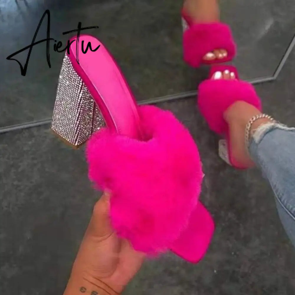 Aiertu Woman Fur Sandals Ladies INS Plush High Thick Heels Fashion Sexy Bling Women Summer Shoes Plus Size Lady Open Toe Footwear Pump Aiertu