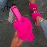 Aiertu Woman Fur Sandals Ladies INS Plush High Thick Heels Fashion Sexy Bling Women Summer Shoes Plus Size Lady Open Toe Footwear Pump Aiertu