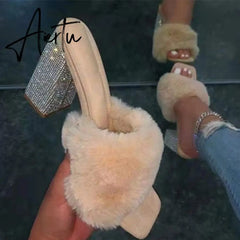 Aiertu Woman Fur Sandals Ladies INS Plush High Thick Heels Fashion Sexy Bling Women Summer Shoes Plus Size Lady Open Toe Footwear Pump Aiertu