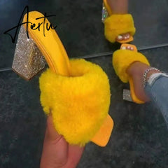 Aiertu Woman Fur Sandals Ladies INS Plush High Thick Heels Fashion Sexy Bling Women Summer Shoes Plus Size Lady Open Toe Footwear Pump Aiertu