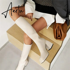 Aiertu Woman Knee High Boots Classic White Square Toe Platform High Heel Long Boots PU Leather Slip-on Boots Black Party Dress Shoes Aiertu