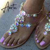 Aiertu Woman Sandals Fashion Shoes Rhinestones Chains Thong Gladiator Flat Sandals Crystal Chaussure Plus Size 42 tenis feminino Aiertu