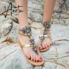 Aiertu Woman Sandals Fashion Shoes Rhinestones Chains Thong Gladiator Flat Sandals Crystal Chaussure Plus Size 42 tenis feminino Aiertu