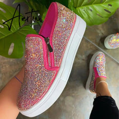 Aiertu Woman Sneakers Platform Vulcanized Women Bling Crystal Loafers Autumn Women's Casual Flats Female Zip Sport Shoes Women Aiertu