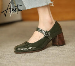 Aiertu Woman‘s New Mary Janes Shoes Genuine Leather Shallow Square Heel Pumps Buckle Strap Round Toe Lady Footwear Aiertu