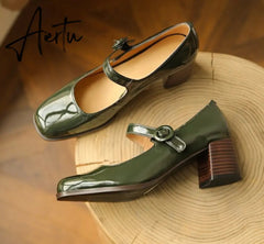 Aiertu Woman‘s New Mary Janes Shoes Genuine Leather Shallow Square Heel Pumps Buckle Strap Round Toe Lady Footwear Aiertu