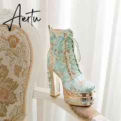 Aiertu Women Ankle Boots Plant Flower Pattern Platform Zipper-Sid Lace-Up Ladies Shoes Crude Heel Metal Decoration Women Short Boots Aiertu