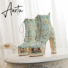 Aiertu Women Ankle Boots Plant Flower Pattern Platform Zipper-Sid Lace-Up Ladies Shoes Crude Heel Metal Decoration Women Short Boots Aiertu