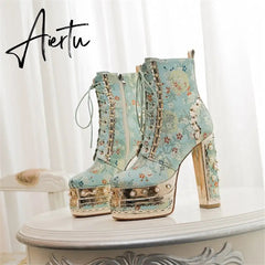 Aiertu Women Ankle Boots Plant Flower Pattern Platform Zipper-Sid Lace-Up Ladies Shoes Crude Heel Metal Decoration Women Short Boots Aiertu