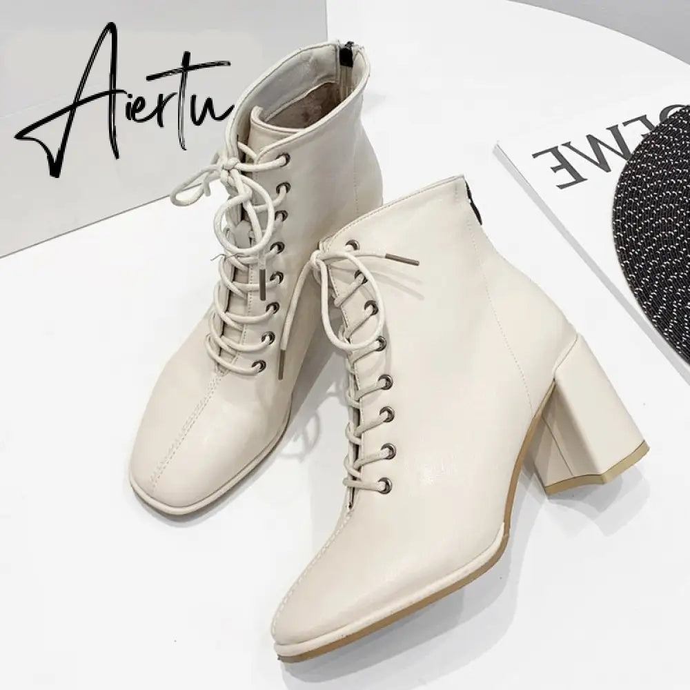 Aiertu women Ankle boots PU Leather 35-39 feet length boots for women Round Toe Chelsea boots high heel boots AB784 Aiertu
