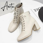 Aiertu women Ankle boots PU Leather 35-39 feet length boots for women Round Toe Chelsea boots high heel boots AB784 Aiertu