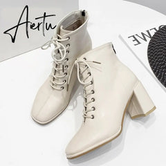 Aiertu women Ankle boots PU Leather 35-39 feet length boots for women Round Toe Chelsea boots high heel boots AB784 Aiertu