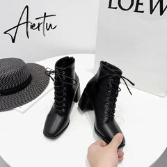 Aiertu women Ankle boots PU Leather 35-39 feet length boots for women Round Toe Chelsea boots high heel boots AB784 Aiertu