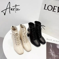 Aiertu women Ankle boots PU Leather 35-39 feet length boots for women Round Toe Chelsea boots high heel boots AB784 Aiertu