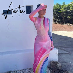 Aiertu Women Autumn Long Sleeve Halter Printed Mesh See Through Backless Vestido Bodycon Midi Dress Clothes Wholesale Aiertu
