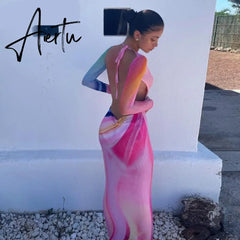 Aiertu Women Autumn Long Sleeve Halter Printed Mesh See Through Backless Vestido Bodycon Midi Dress Clothes Wholesale Aiertu