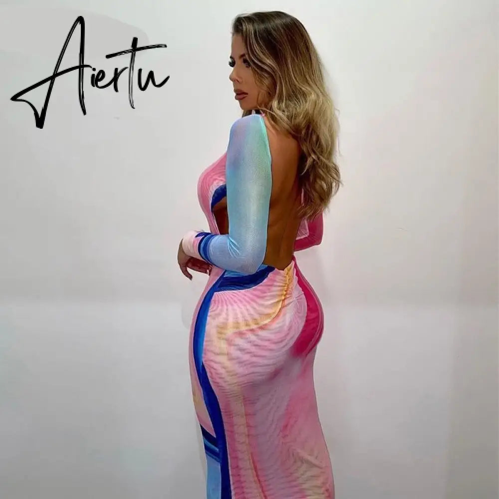 Aiertu Women Autumn Long Sleeve Halter Printed Mesh See Through Backless Vestido Bodycon Midi Dress Clothes Wholesale Aiertu
