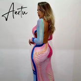 Aiertu Women Autumn Long Sleeve Halter Printed Mesh See Through Backless Vestido Bodycon Midi Dress Clothes Wholesale Aiertu