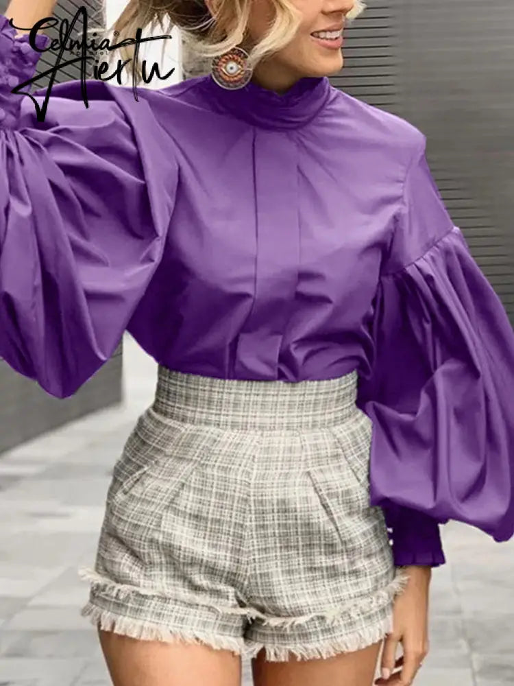 Aiertu Women Big Lantern Sleeve White Shirt Elegant Streetwear Party Blouse Fashion Stand Collar Casual Loose Blusas Tops Aiertu