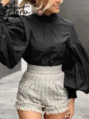 Aiertu Women Big Lantern Sleeve White Shirt Elegant Streetwear Party Blouse Fashion Stand Collar Casual Loose Blusas Tops Aiertu