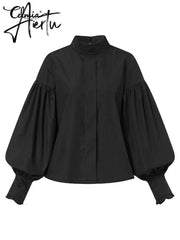 Aiertu Women Big Lantern Sleeve White Shirt Elegant Streetwear Party Blouse Fashion Stand Collar Casual Loose Blusas Tops Aiertu