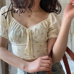 Aiertu Women Blouse Floral Print Square Collar Sweet Slim Exposed Navel Short Sleeve Shirt Aiertu