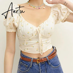 Aiertu Women Blouse Floral Print Square Collar Sweet Slim Exposed Navel Short Sleeve Shirt Aiertu