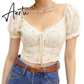 Aiertu Women Blouse Floral Print Square Collar Sweet Slim Exposed Navel Short Sleeve Shirt Aiertu
