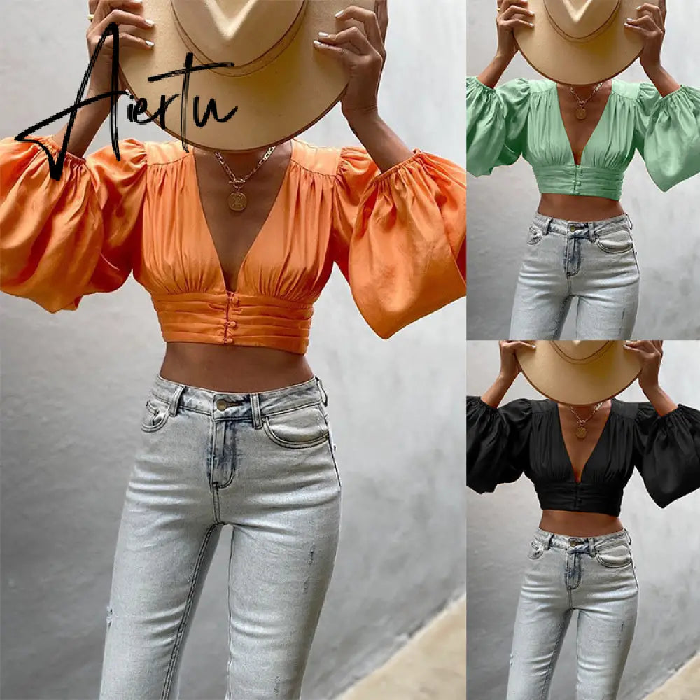 Aiertu Women Blouse Off Shoulder Tops Shirt Transparent Long Lantern Sleeve Sexy See Through Spring Summer New Fashion Lady Bluas Aiertu