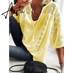Aiertu Women Blouse Summer Tops Three Quarter Sleeve Cut Out Lace Female Shirt Loose Casual Solid Pullover Thin Ladies Shirts Aiertu
