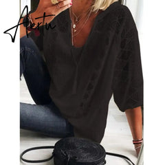 Aiertu Women Blouse Summer Tops Three Quarter Sleeve Cut Out Lace Female Shirt Loose Casual Solid Pullover Thin Ladies Shirts Aiertu