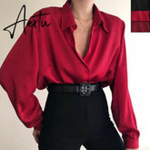 Aiertu Women Button Blouses Turn Down Collar Shirts Office Lady Long Sleeve Casual Blouse Loose OL Shirt Baggy Tops Red/Wine Red /Black Aiertu