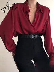 Aiertu Women Button Blouses Turn Down Collar Shirts Office Lady Long Sleeve Casual Blouse Loose OL Shirt Baggy Tops Red/Wine Red /Black Aiertu