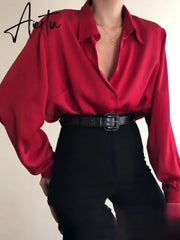 Aiertu Women Button Blouses Turn Down Collar Shirts Office Lady Long Sleeve Casual Blouse Loose OL Shirt Baggy Tops Red/Wine Red /Black Aiertu