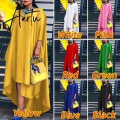 Aiertu Women Casual 2/3 Sleeve Irregular Maxi Dress Robe Spring O Neck Asymmetrical Pleated Vestidos Elegant Long Sundress Aiertu