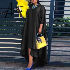 Aiertu Women Casual 2/3 Sleeve Irregular Maxi Dress Robe Spring O Neck Asymmetrical Pleated Vestidos Elegant Long Sundress Aiertu