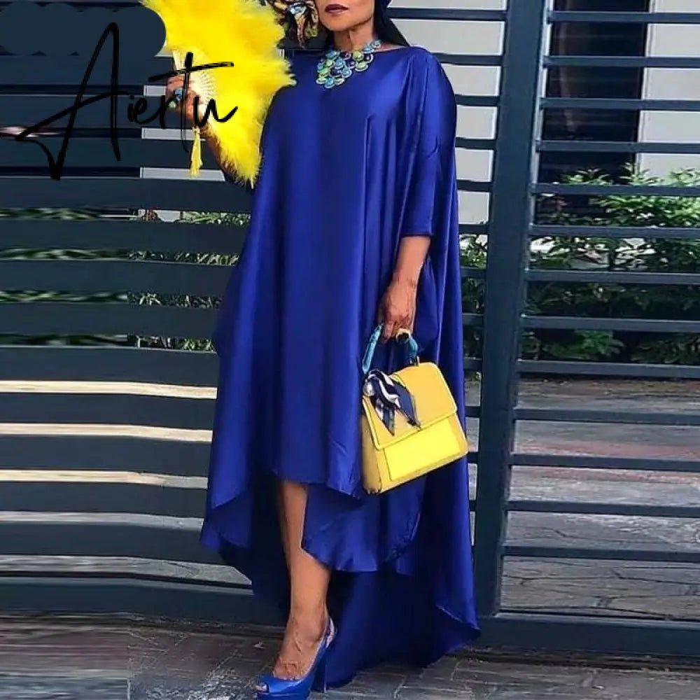 Aiertu Women Casual 2/3 Sleeve Irregular Maxi Dress Robe Spring O Neck Asymmetrical Pleated Vestidos Elegant Long Sundress Aiertu