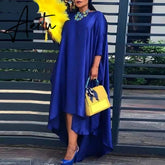 Aiertu Women Casual 2/3 Sleeve Irregular Maxi Dress Robe Spring O Neck Asymmetrical Pleated Vestidos Elegant Long Sundress Aiertu