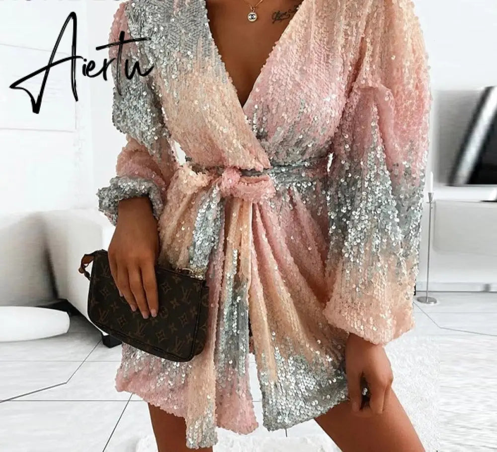 Aiertu Women Chic Deep V neck Sequin Sashes Lantern Sleeve Mini Sexy Party Gradient colour Dress Aiertu