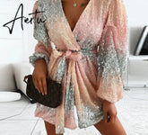 Aiertu Women Chic Deep V neck Sequin Sashes Lantern Sleeve Mini Sexy Party Gradient colour Dress Aiertu