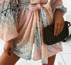 Aiertu Women Chic Deep V neck Sequin Sashes Lantern Sleeve Mini Sexy Party Gradient colour Dress Aiertu
