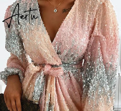 Aiertu Women Chic Deep V neck Sequin Sashes Lantern Sleeve Mini Sexy Party Gradient colour Dress Aiertu